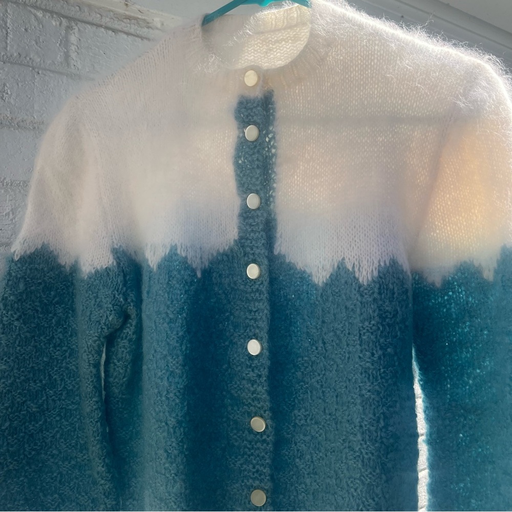Women's Teal and White Button-Up handmade wool angora Sweater